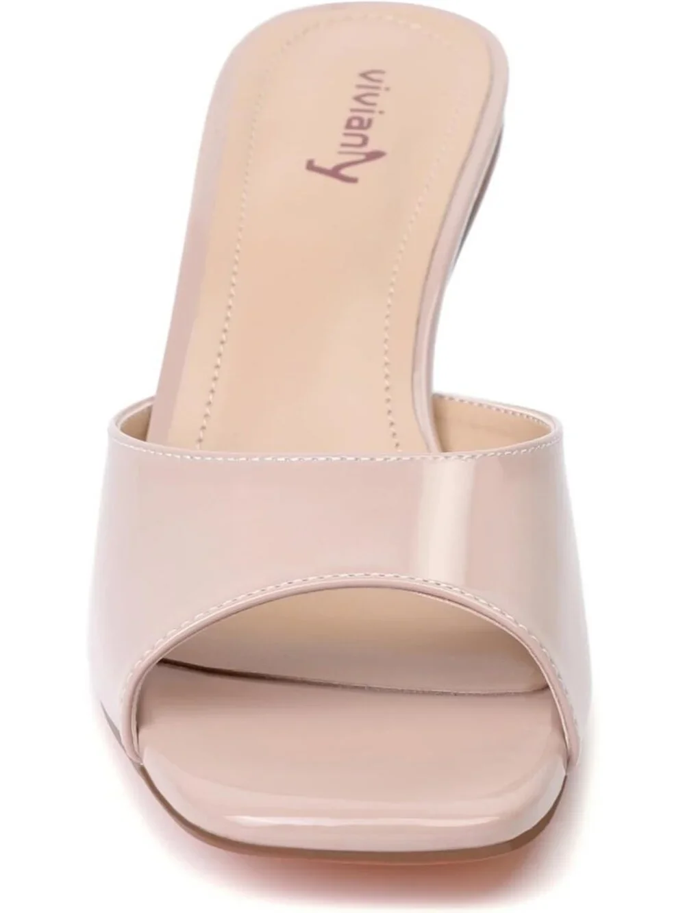 Women's Nude Patent Square Open Toe Slip on Heeled Slides Sexy Mules Sandals